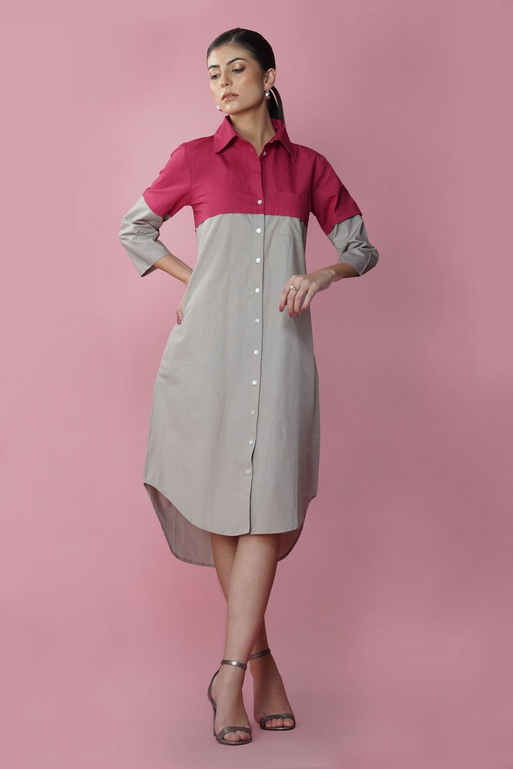 Ecru and magenta long shirt dress