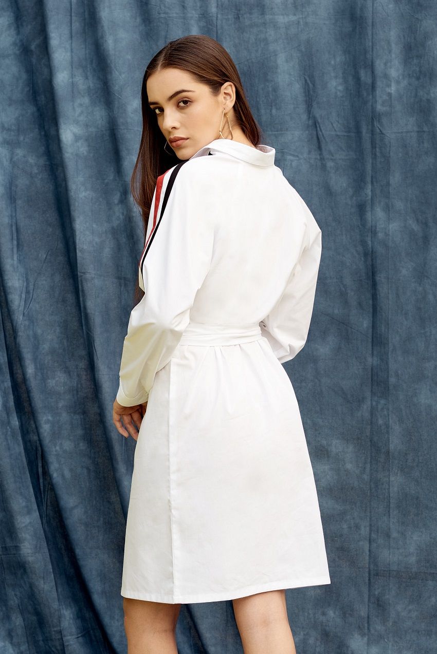 White shirt dress with black and red stripes with belt and roll up sleeves