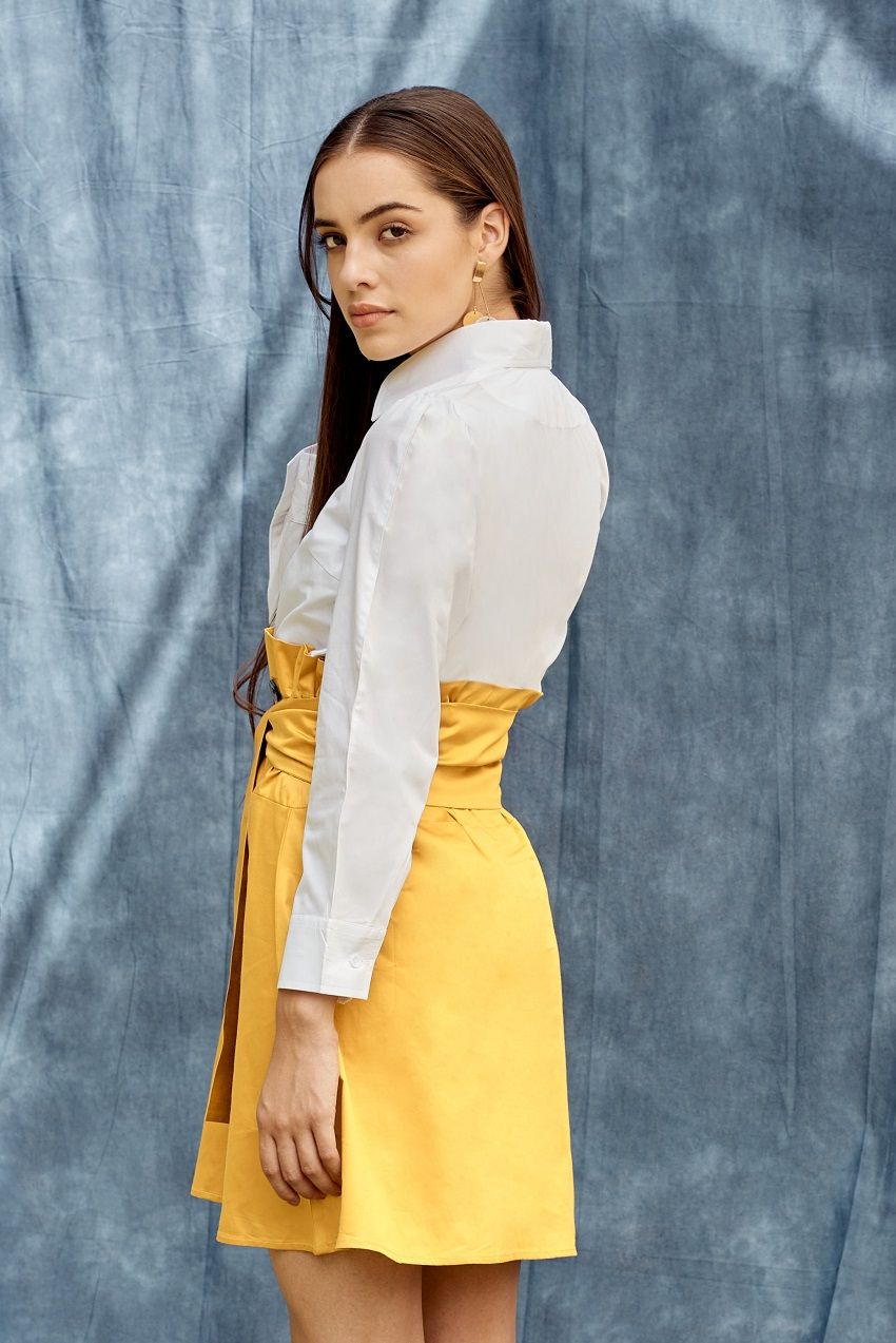 White and Yellow Colorblock belted shirt dress