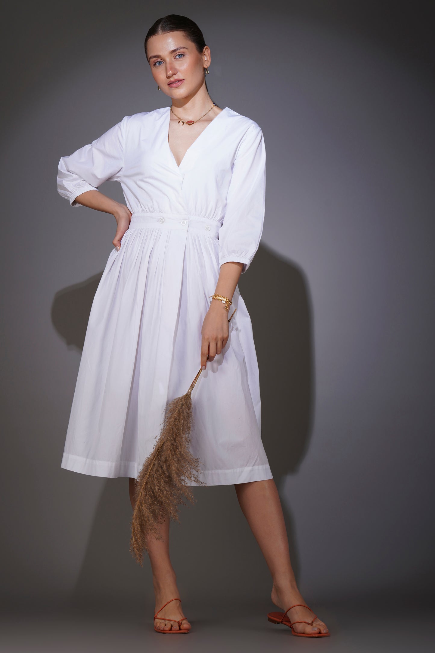 White Front buttoned Midi dress