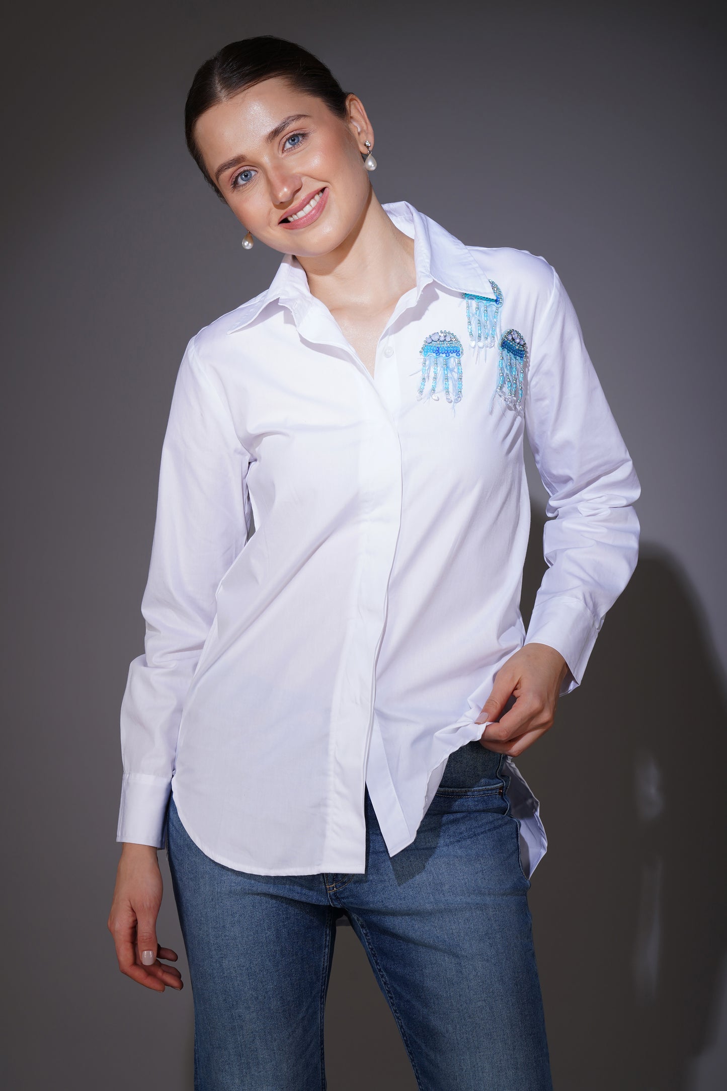 White Shirt with Jellyfish Patch