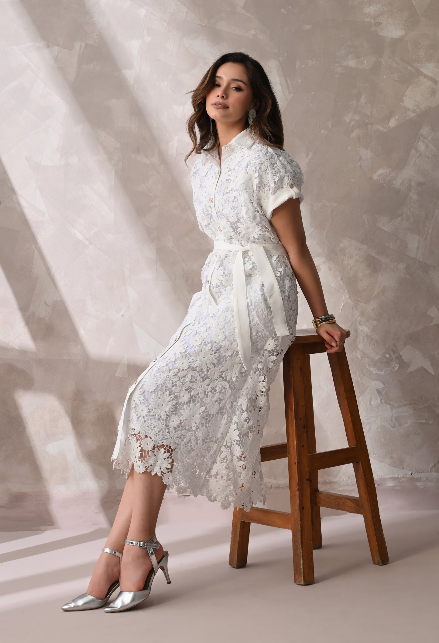 White Floral Lace Summer Midi Dress