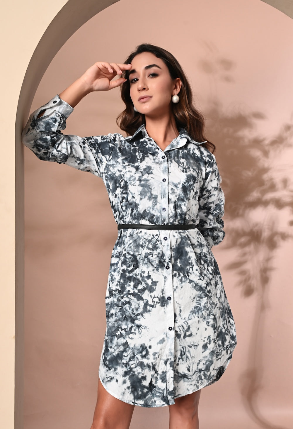 White and grey tie and dye shirt dress