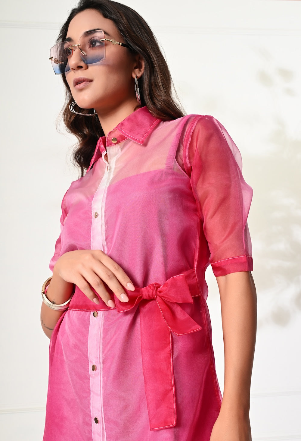 Pink organza sheer dress with belt