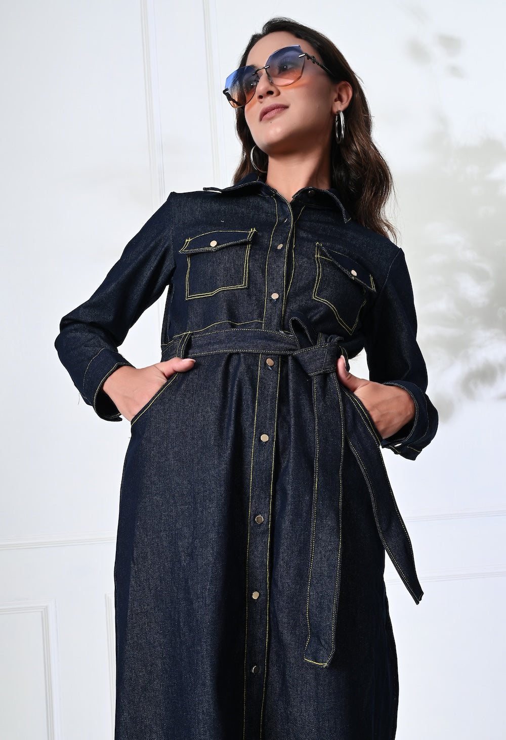 Blue Denim midi shirt dress with belt