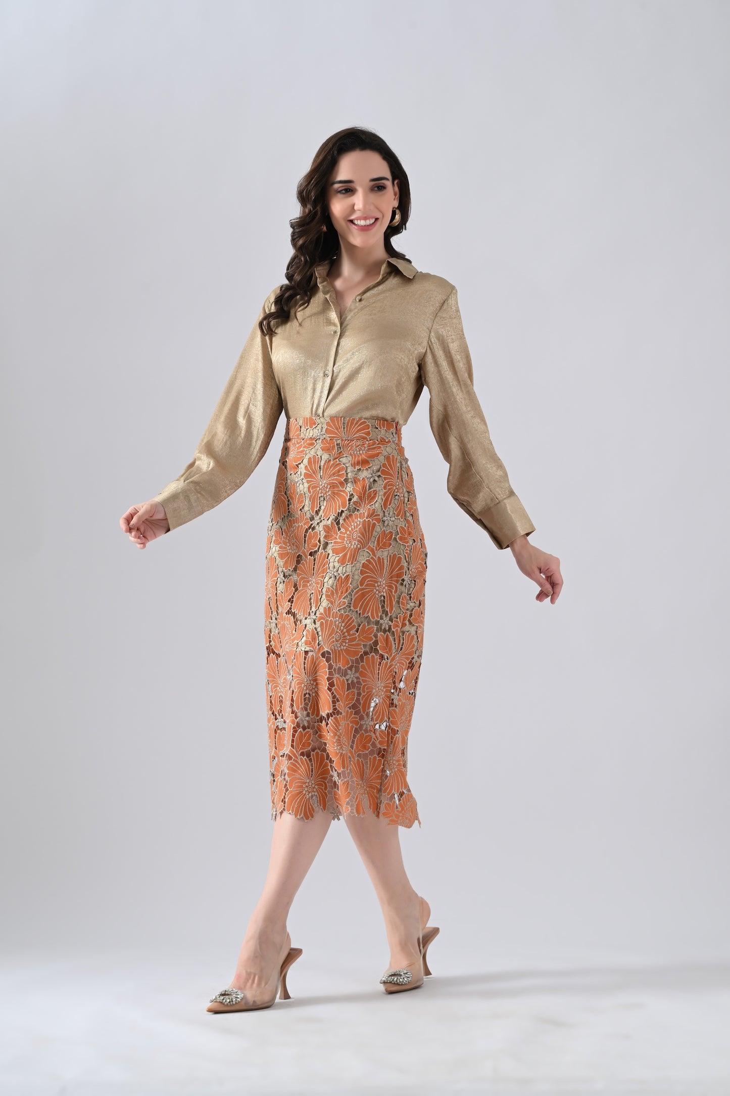 Rust Floral Lace Detailed Straight Skirt with Golden Shirt