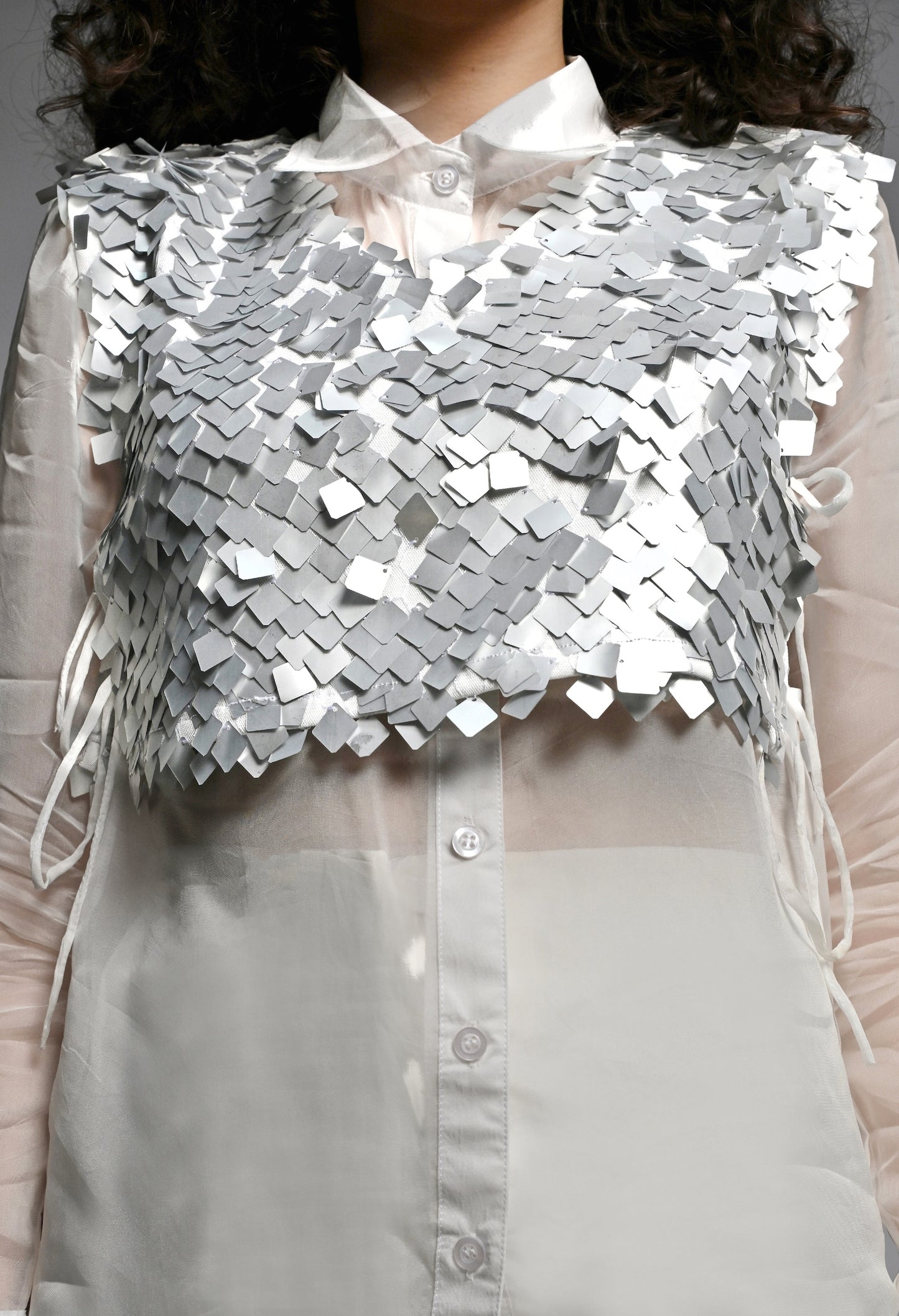 White Organza Shirt with Silver Sequence Detailing