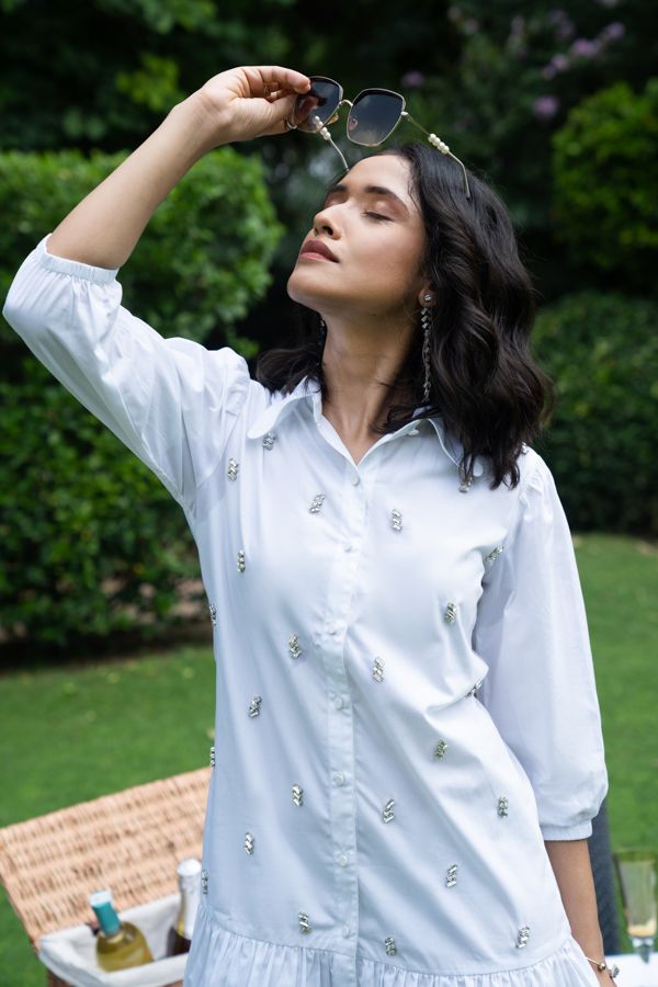 White rhinestone embroidered fit and flare short dress