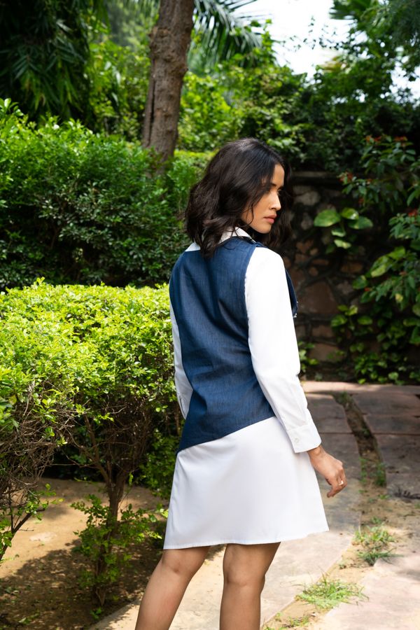 Blue denim and white colorblocked , double layered shirt dress