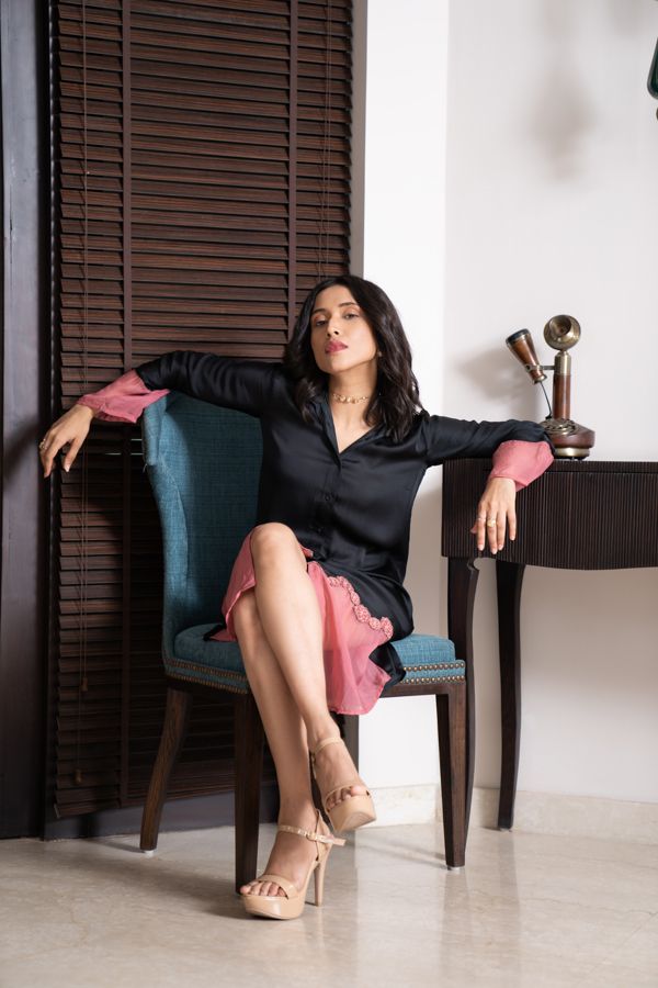 Black and pink sheer dress with floral separates