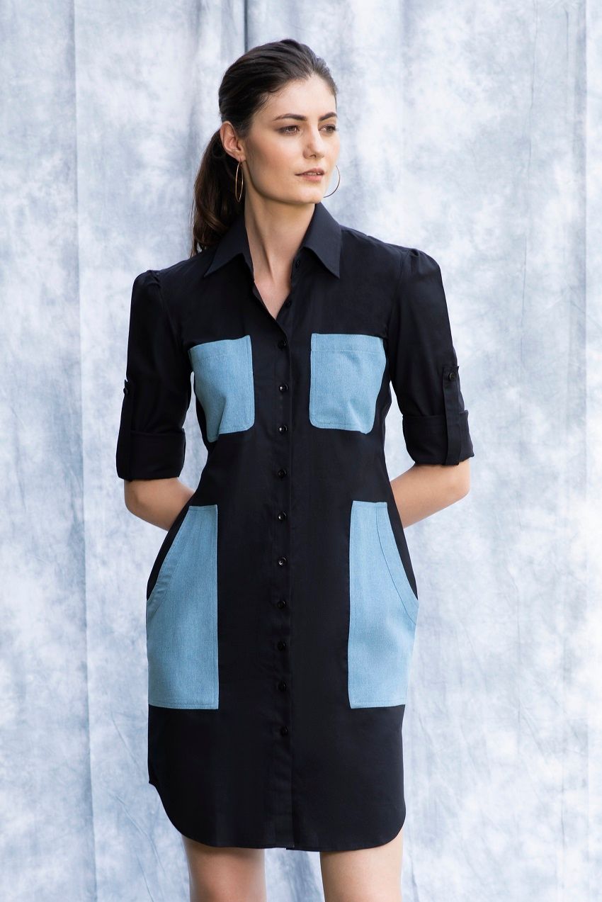 Black shirt dress with blue denim patchpockets