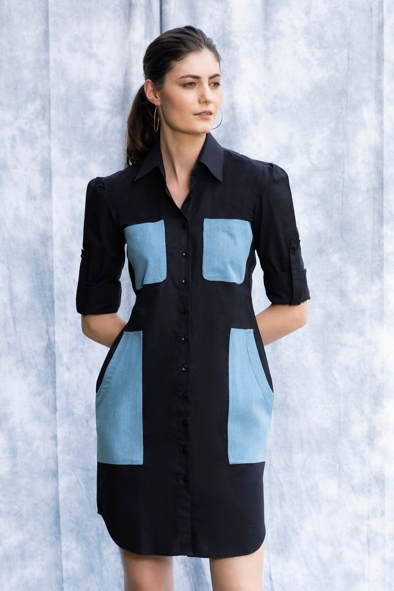 Black shirt dress with blue denim patchpockets
