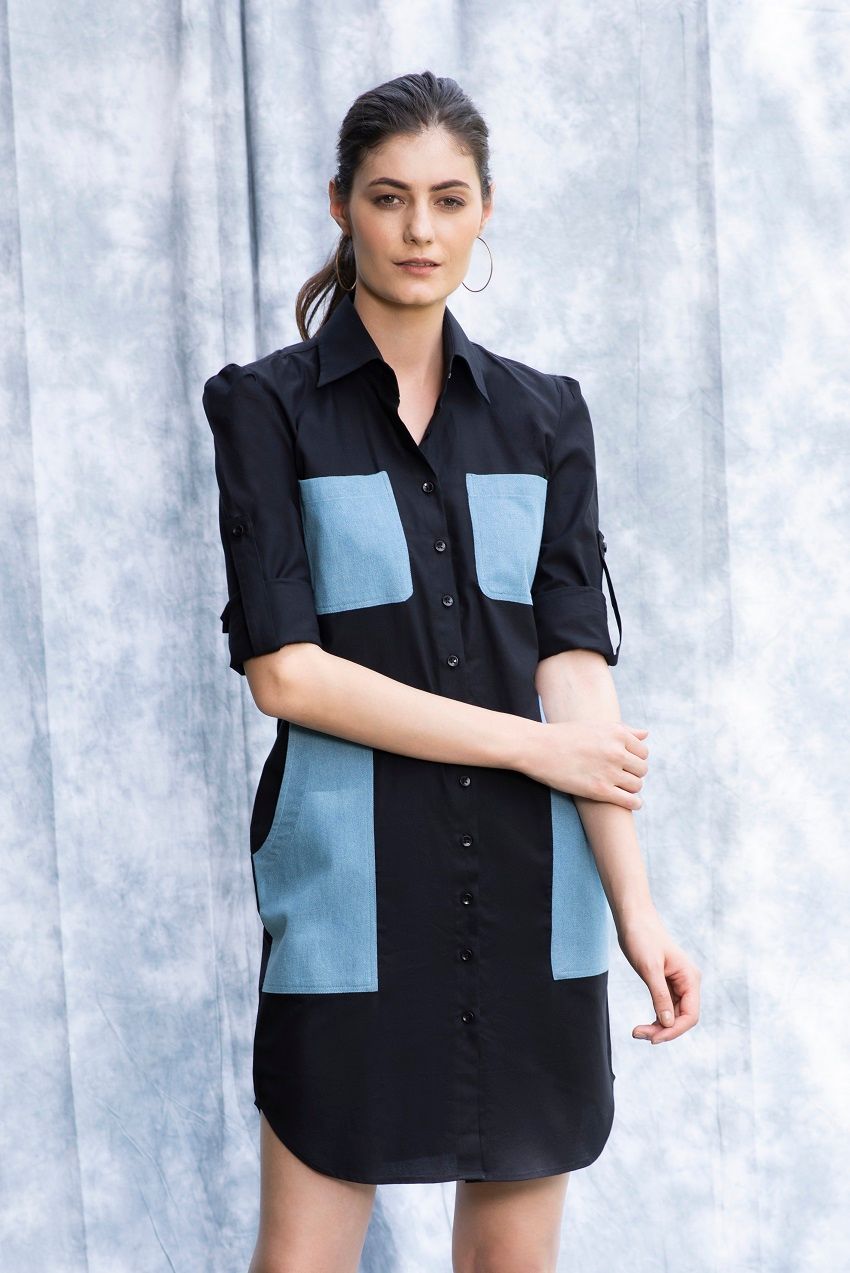 Black shirt dress with blue denim patchpockets