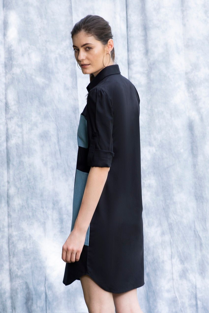 Black shirt dress with blue denim patchpockets