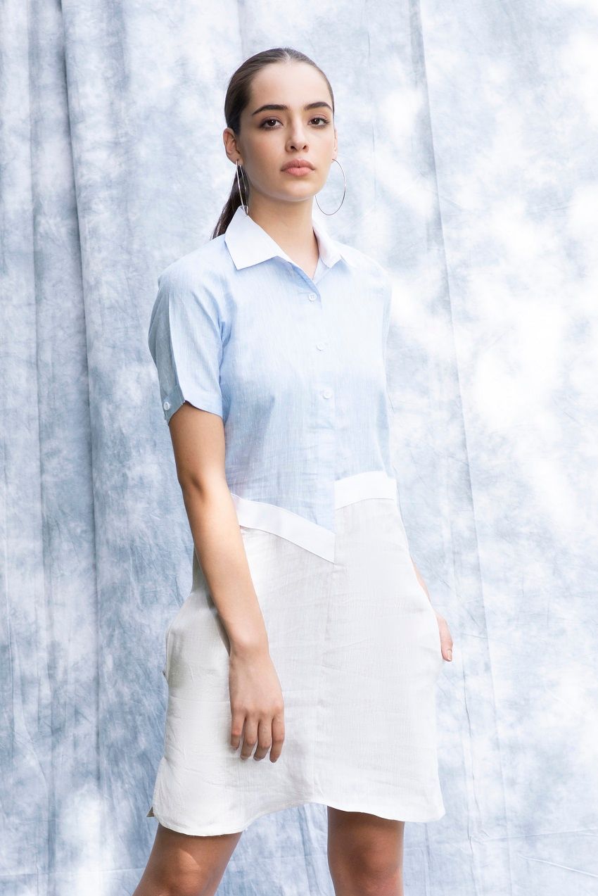 Classic and modernised linen shirt dress in pastel colours