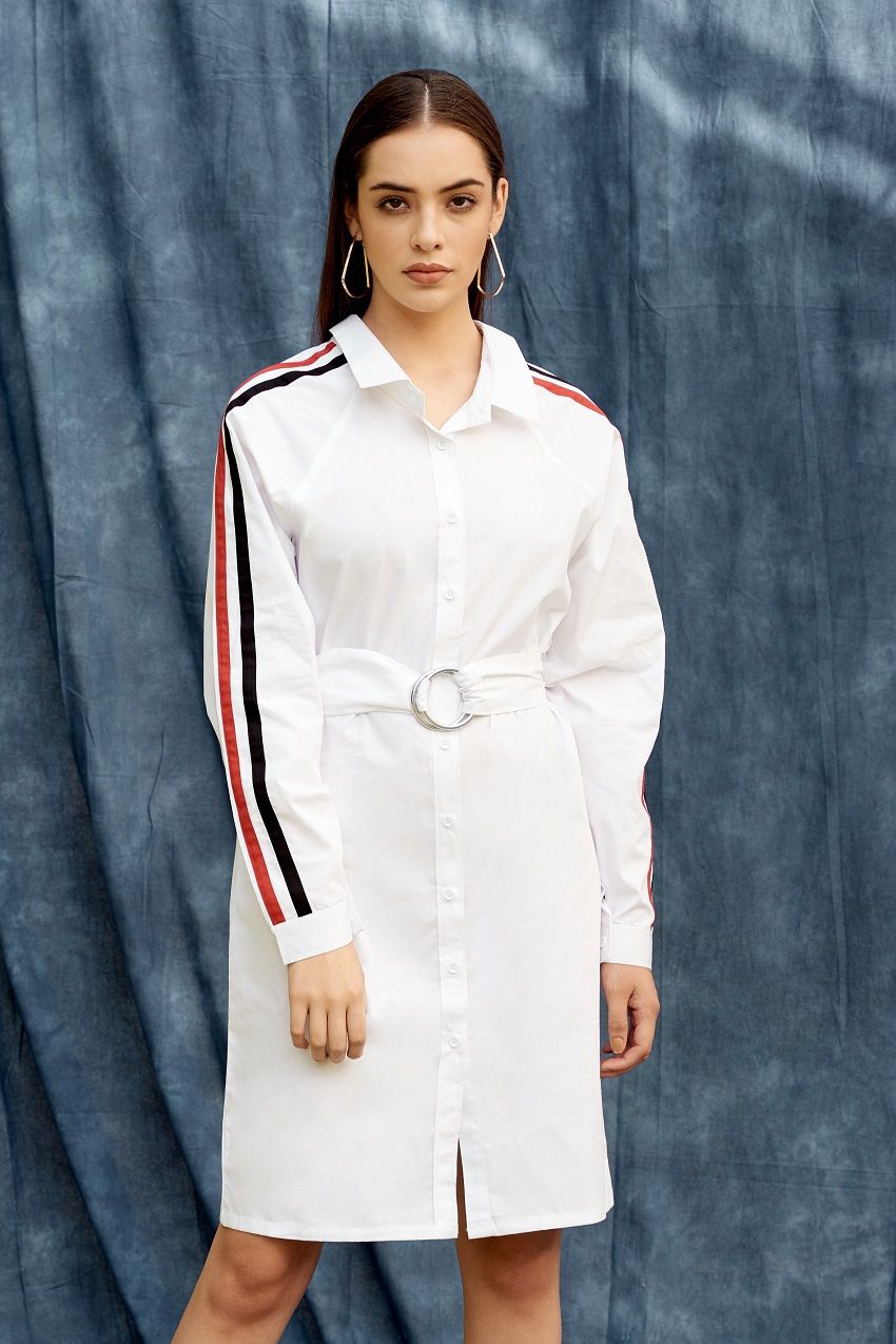 White shirt dress with black and red stripes with belt and roll up sleeves