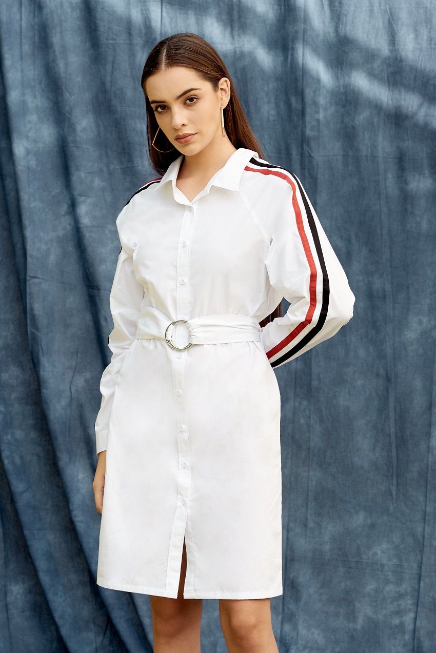 White shirt dress with black and red stripes with belt and roll up sleeves