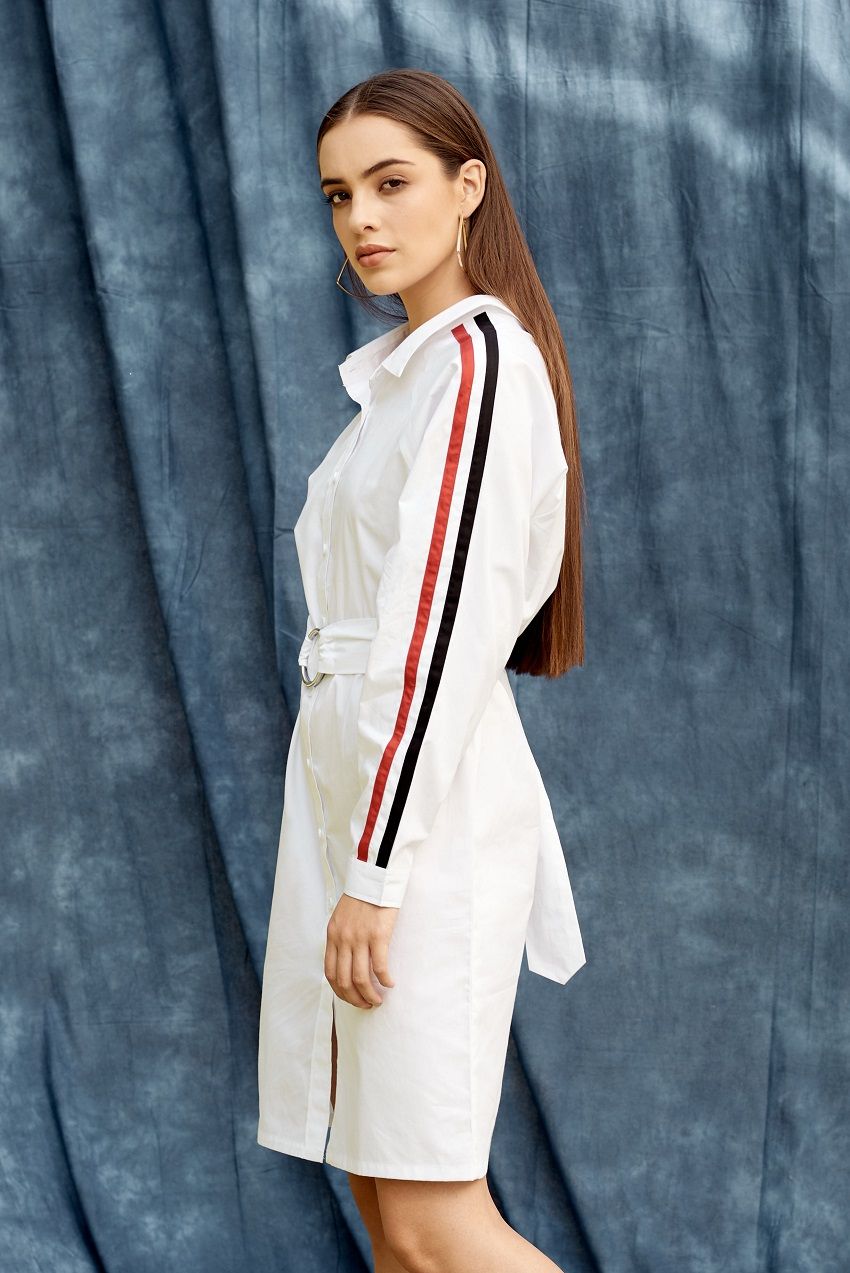 White shirt dress with black and red stripes with belt and roll up sleeves