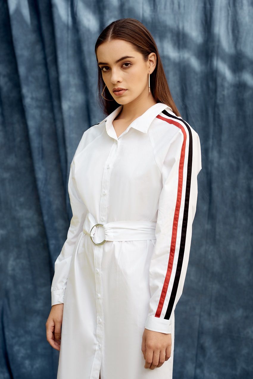 White shirt dress with black and red stripes with belt and roll up sleeves