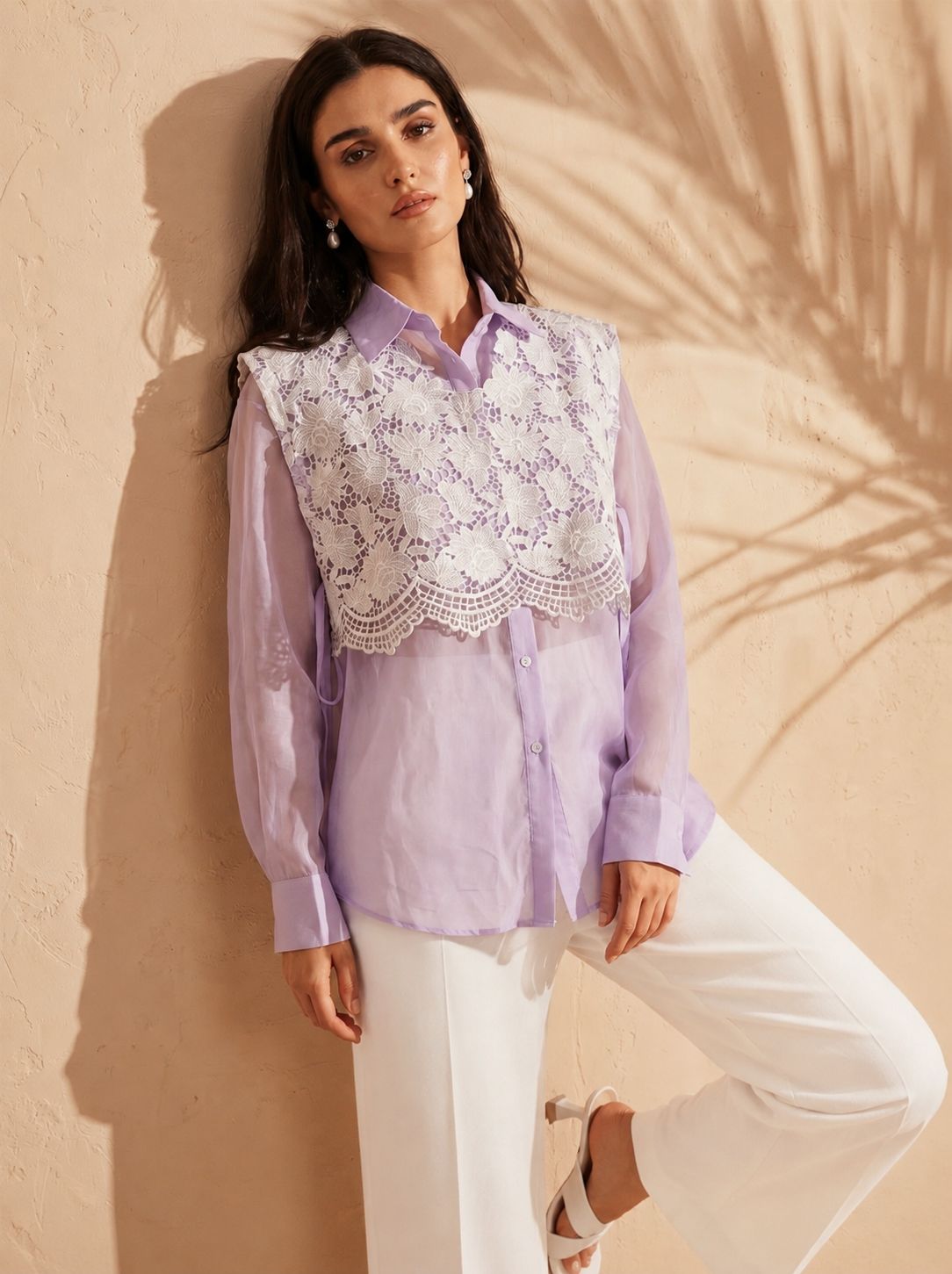 Lavender Lace Overlay Organza Shirt for Women