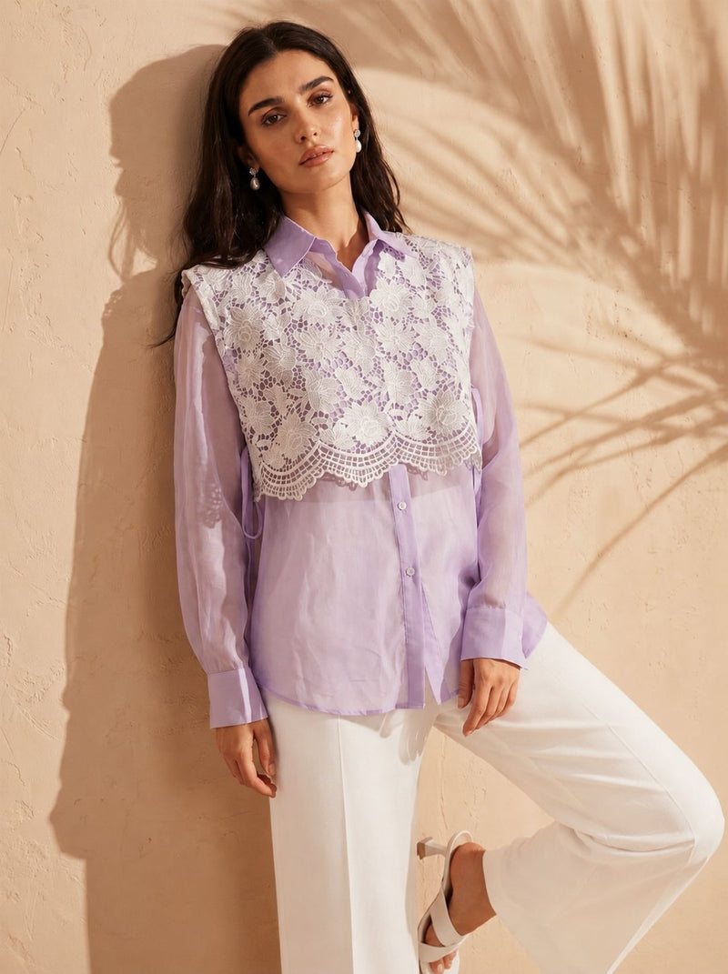 Lavender Lace Overlay Organza Shirt for Women