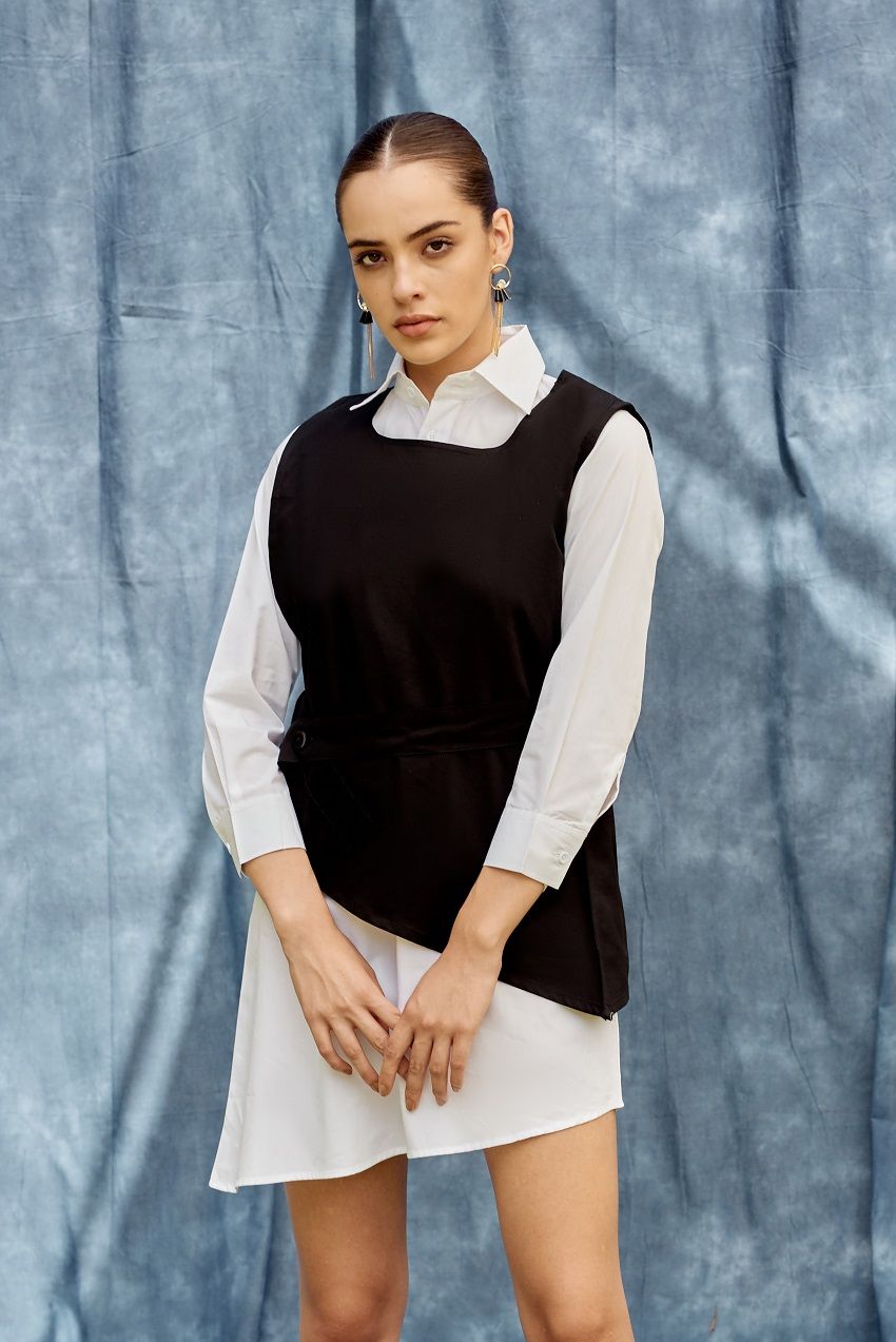 Black and white color blocked, double layered dress