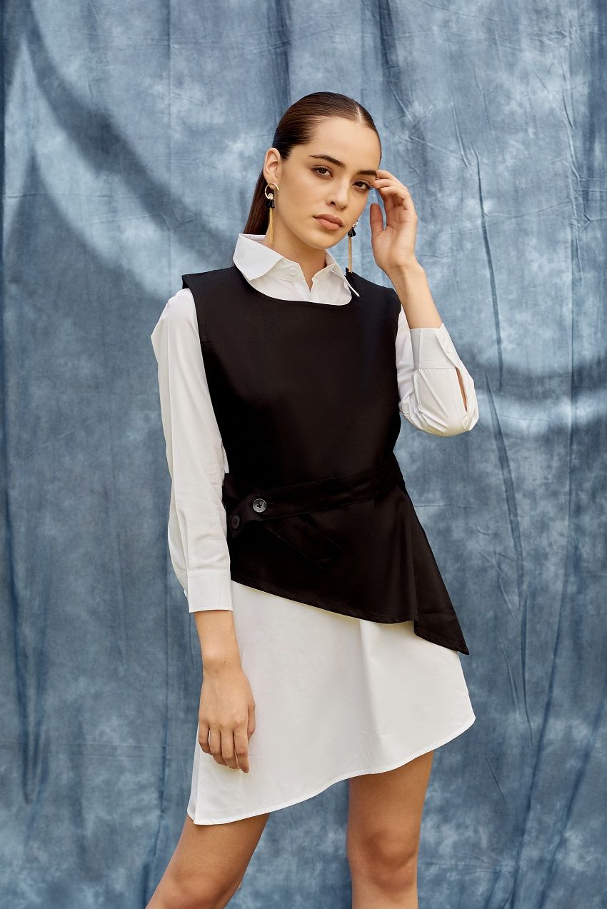 Black and white color blocked, double layered dress