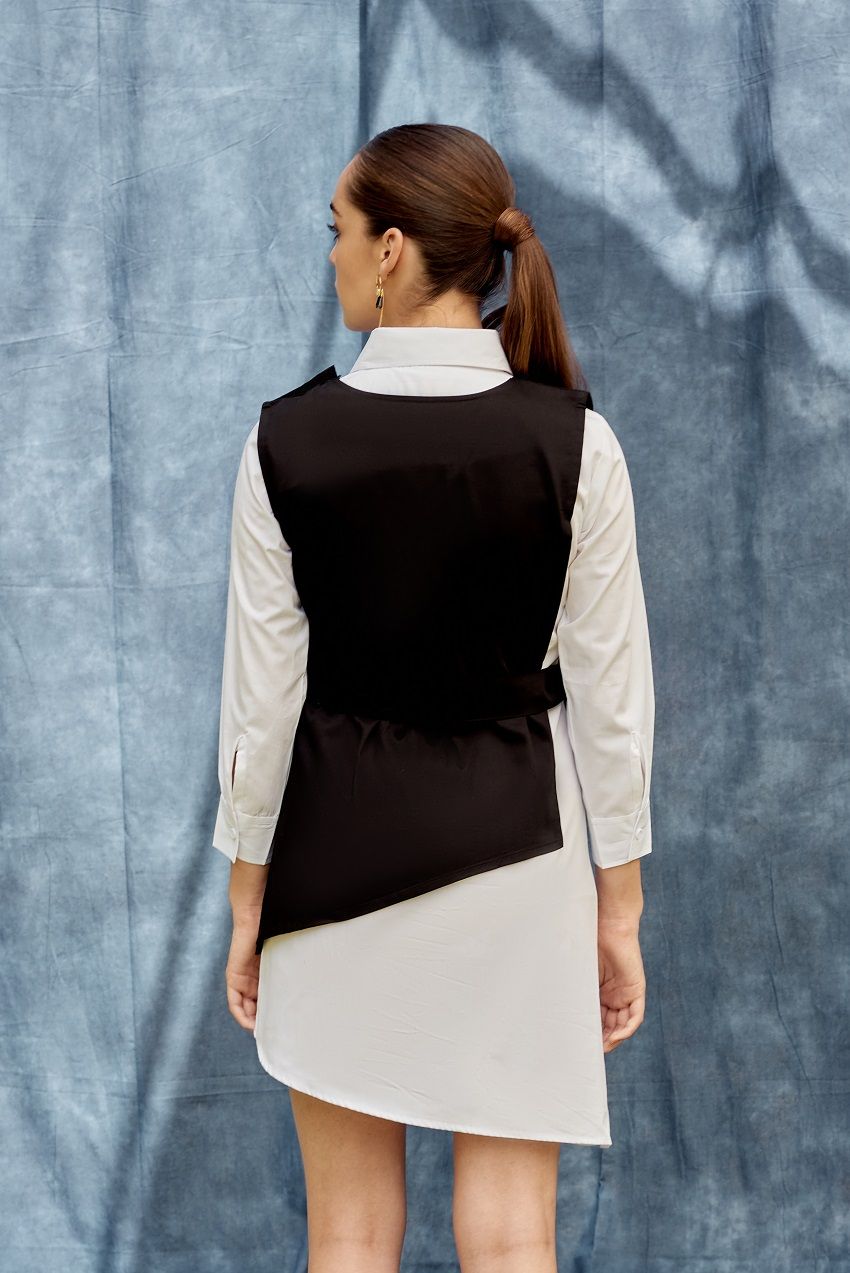 Black and white color blocked, double layered dress