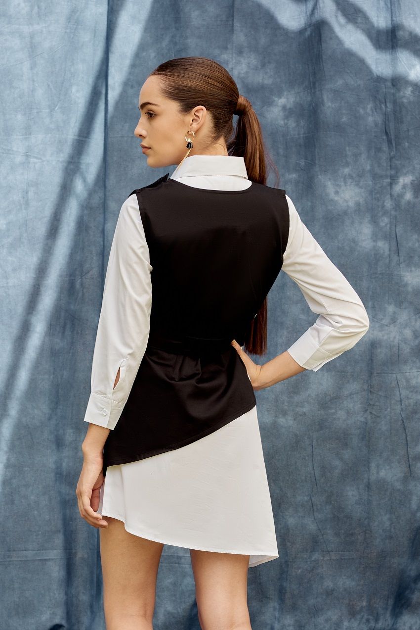 Black and white color blocked, double layered dress