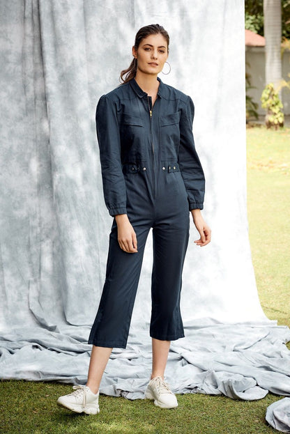 Dark blue ankle length, full sleeves, front zip jumpsuit