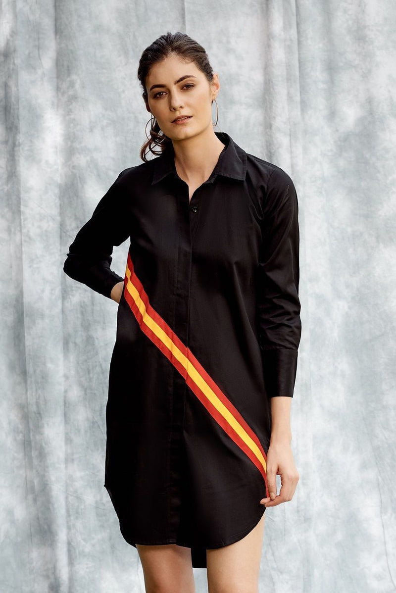 Black shirt dress with front stripes in dual colours