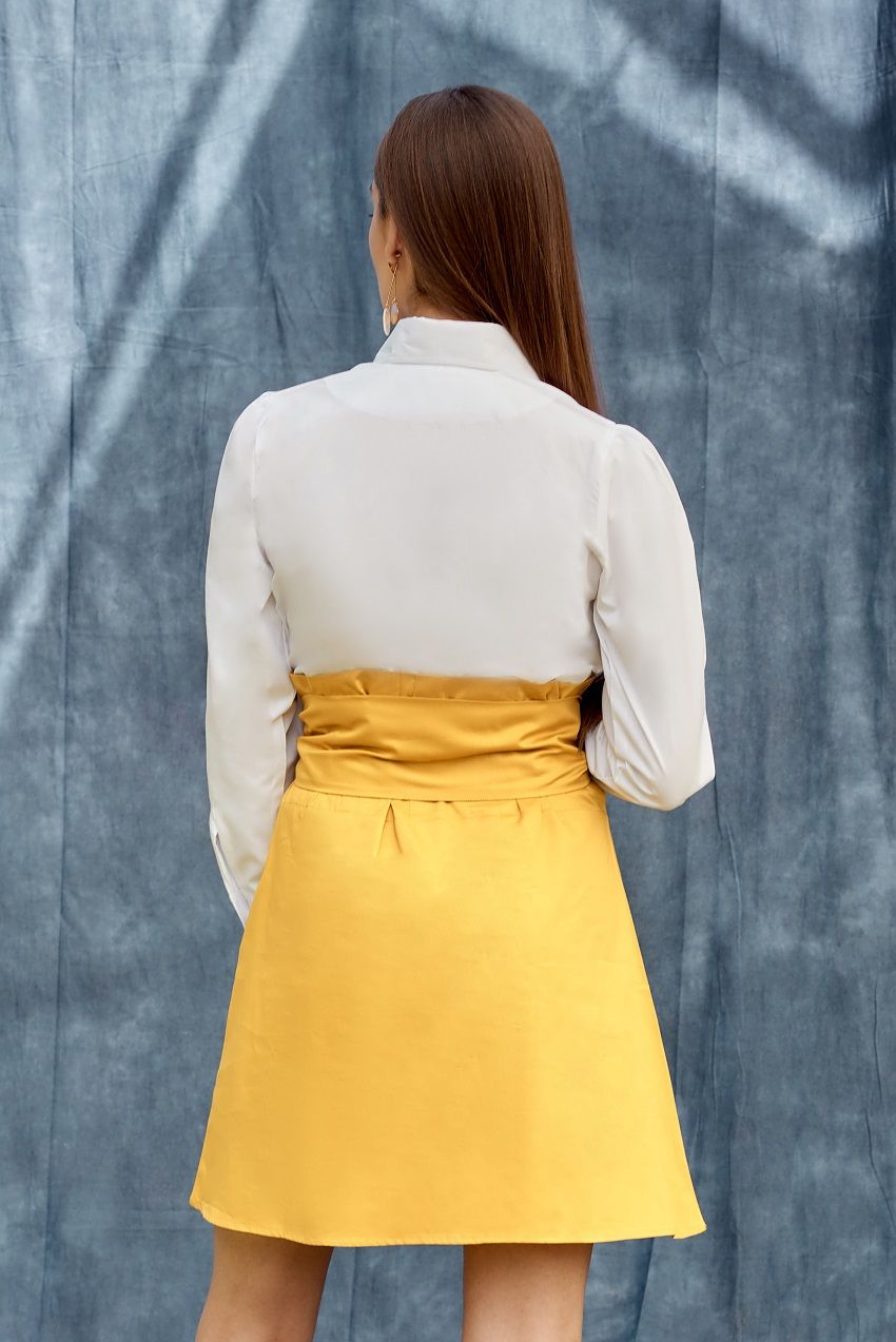 White and Yellow Colorblock belted shirt dress