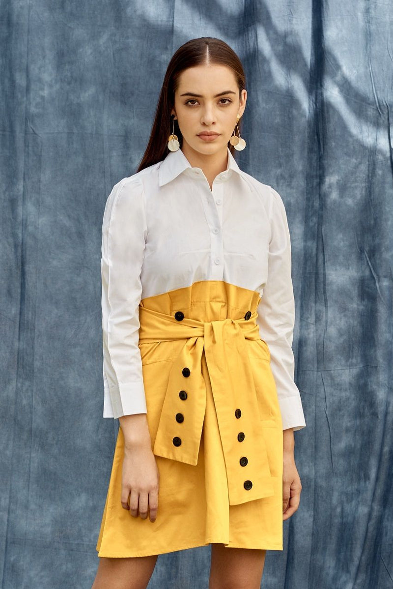 White and Yellow Colorblock belted shirt dress