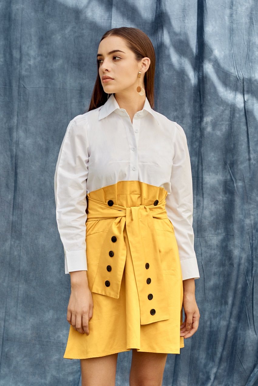 White and Yellow Colorblock belted shirt dress
