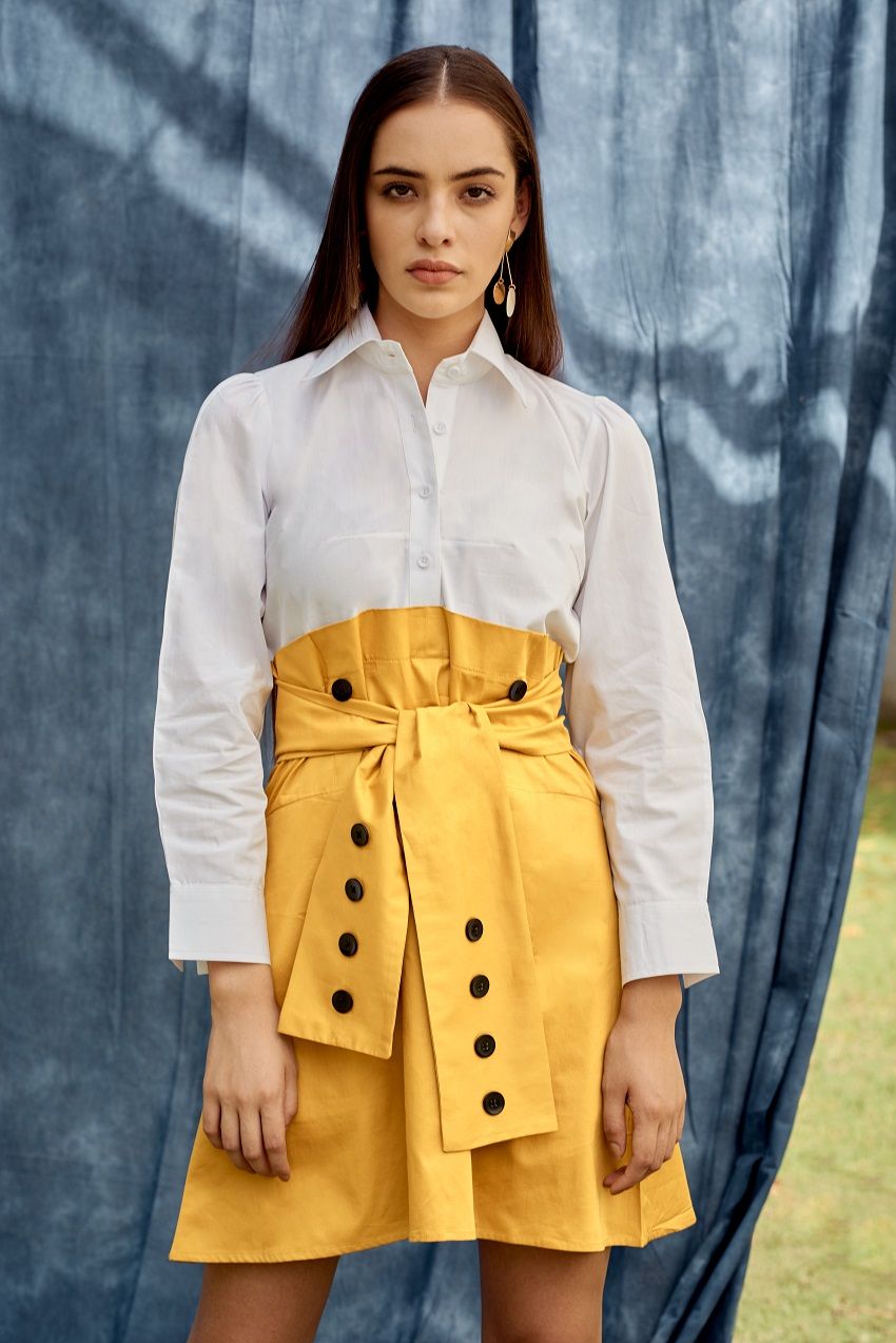 White and Yellow Colorblock belted shirt dress
