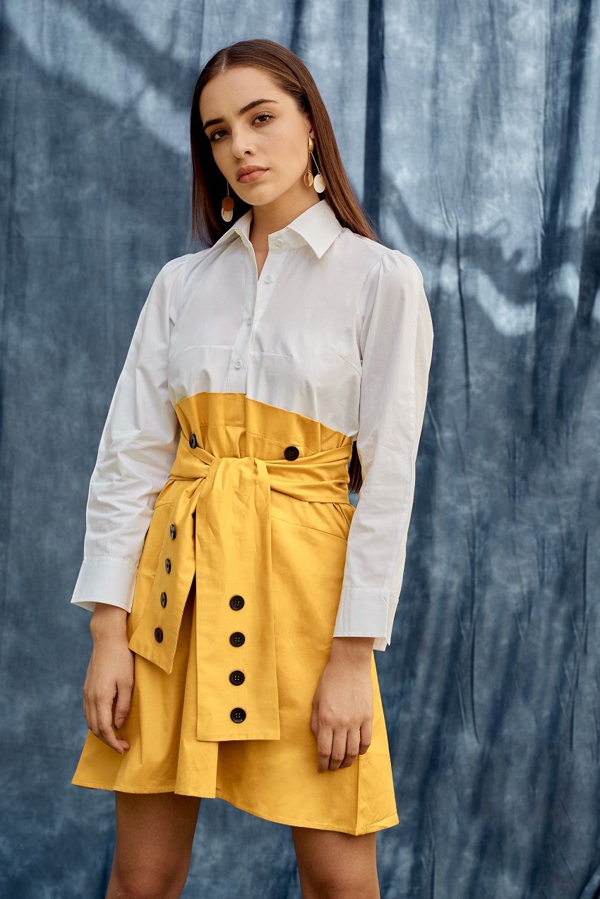 White and Yellow Colorblock belted shirt dress