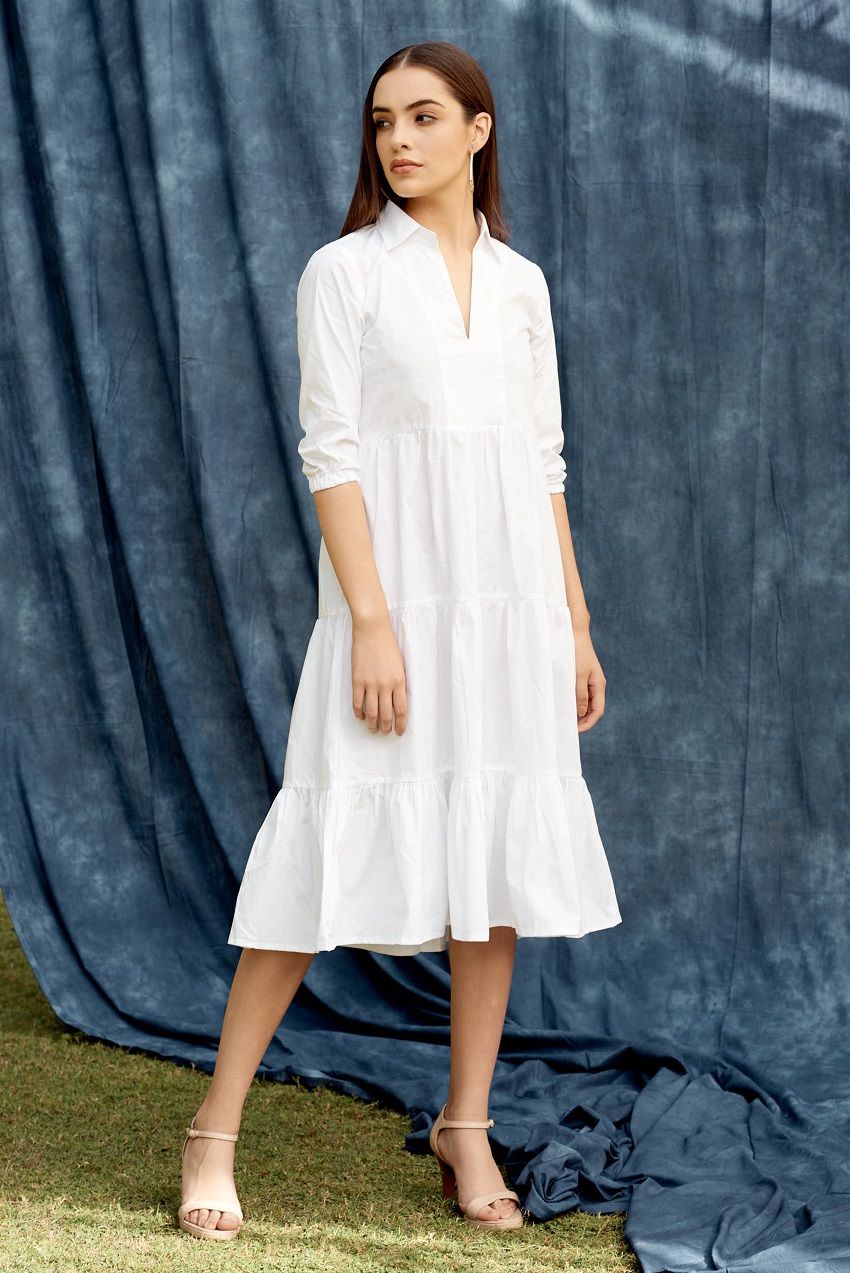 Panelled midi dress in white