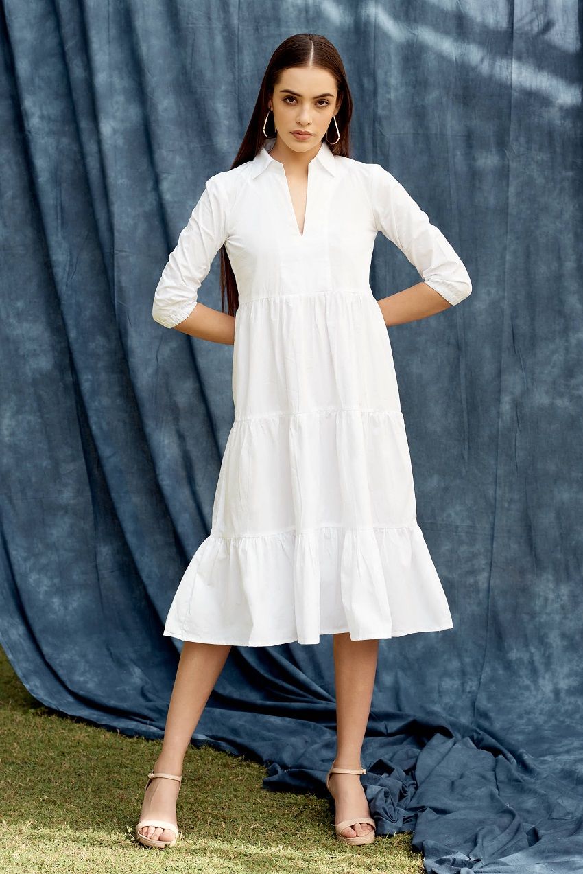 Panelled midi dress in white