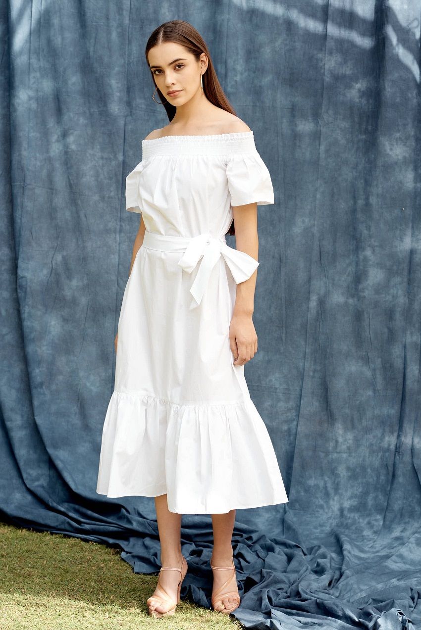 Buy Off shoulder belted, fit and flare midi dress from Label Anysa for Women Online Buy Off shoulder belted, fit and flare midi dress from Label Anysa for Women Online