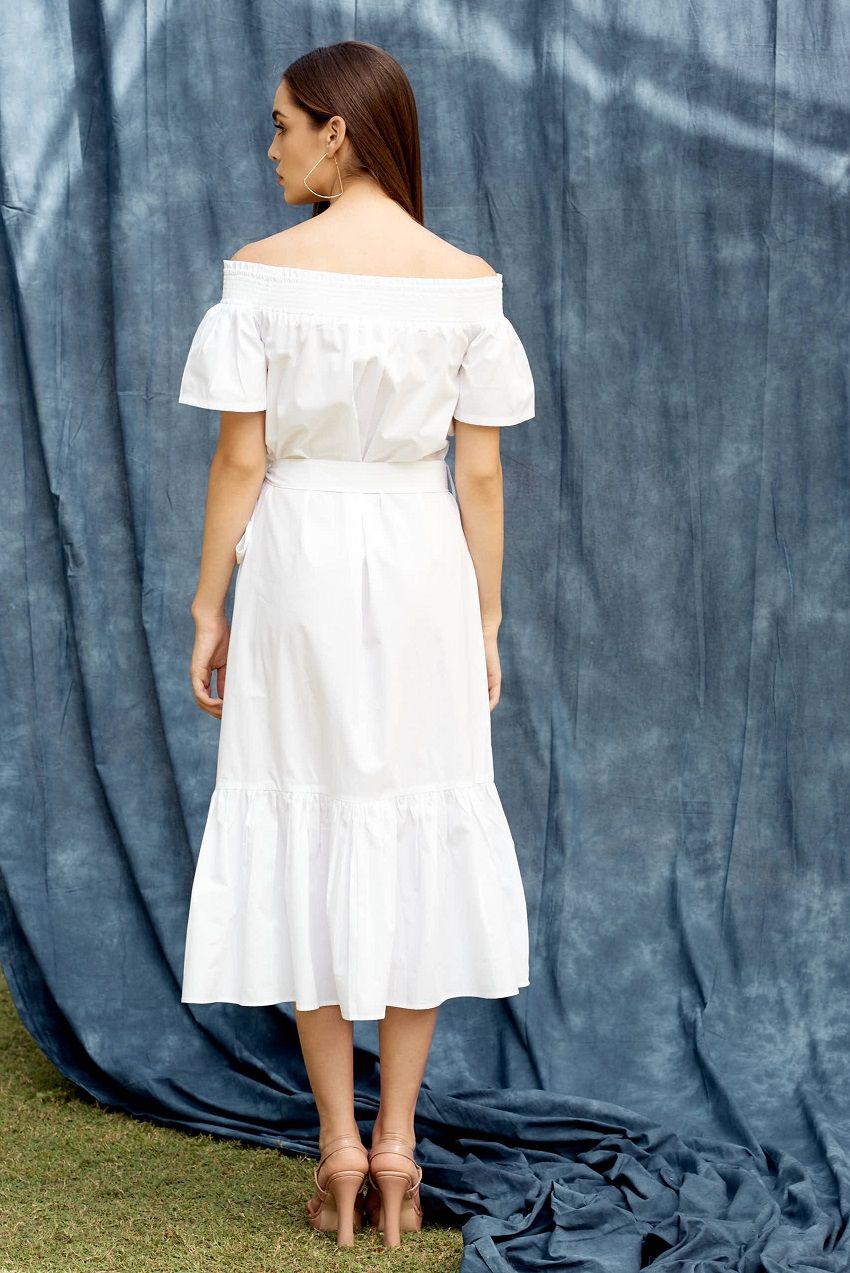 Off shoulder belted, fit and flare midi dress