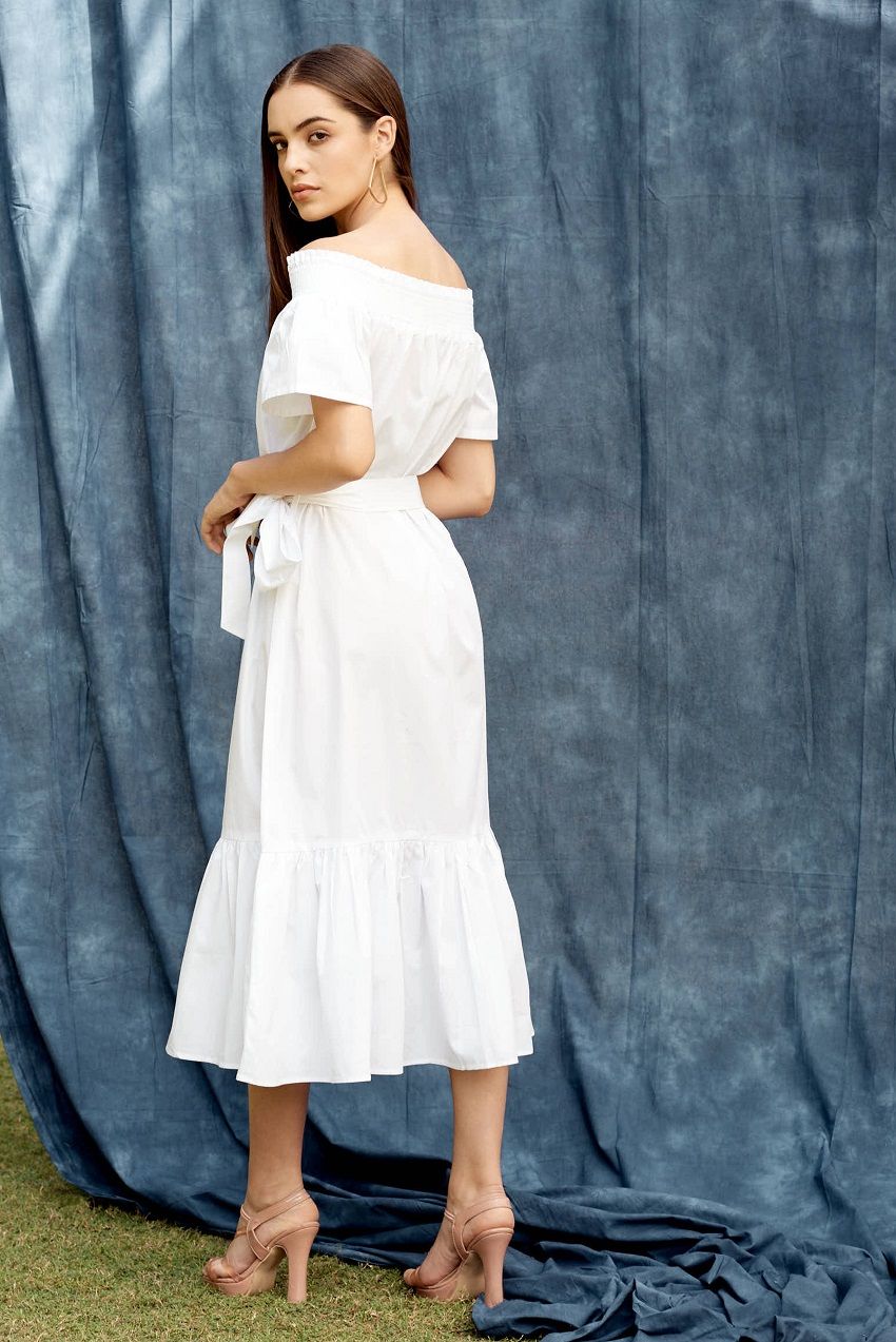 Off shoulder belted, fit and flare midi dress