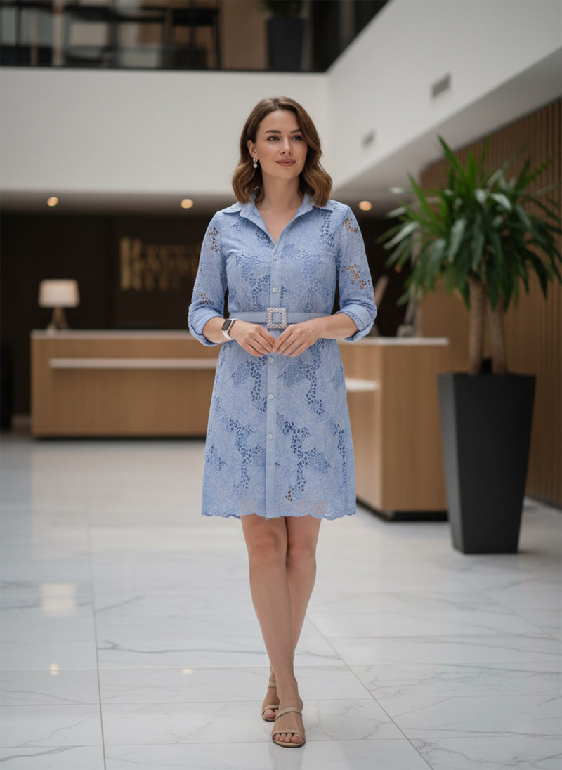 Blue lace dress with Swarovski belt with lining