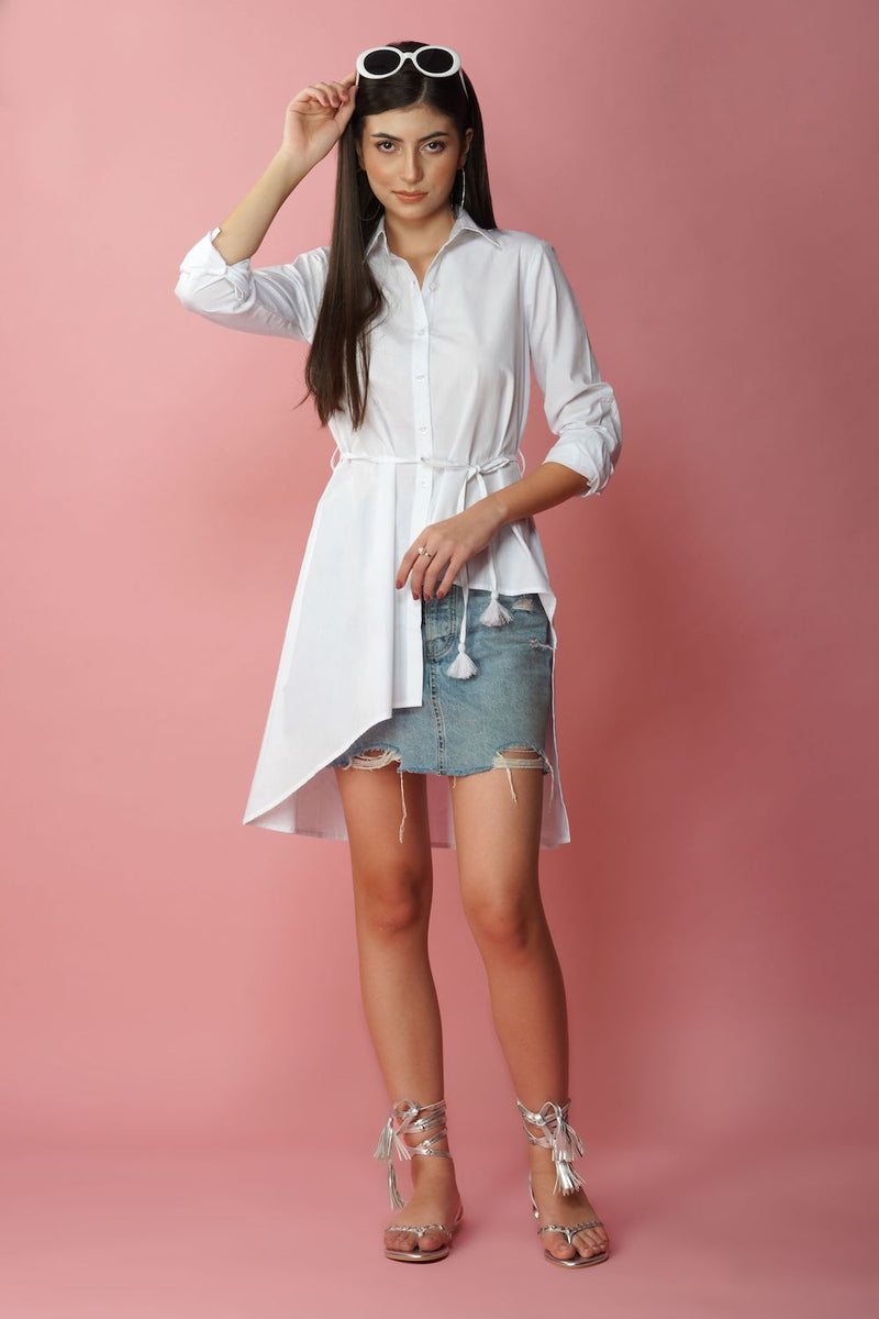 White high low shirt with tassel belt