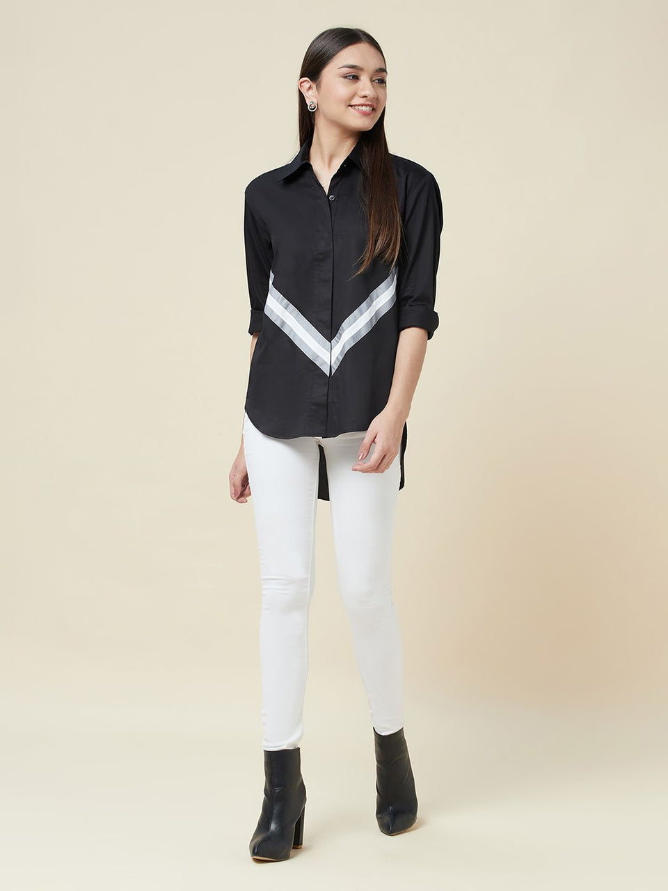 Anysa signature grey and white striped black shirt