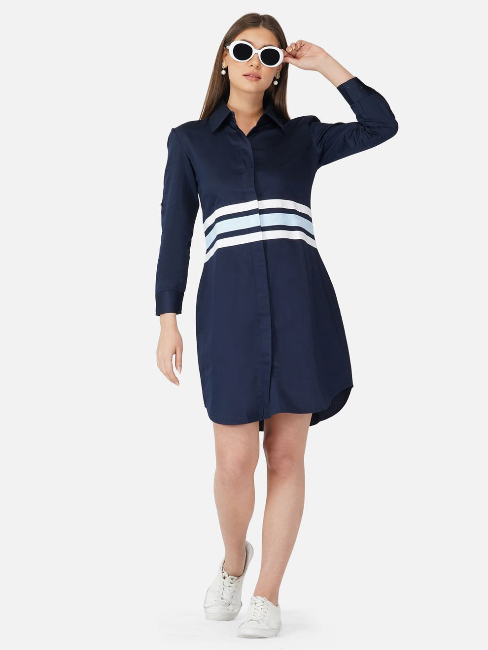 Buy Light blue and white striped navy shirt dress from Label Anysa for