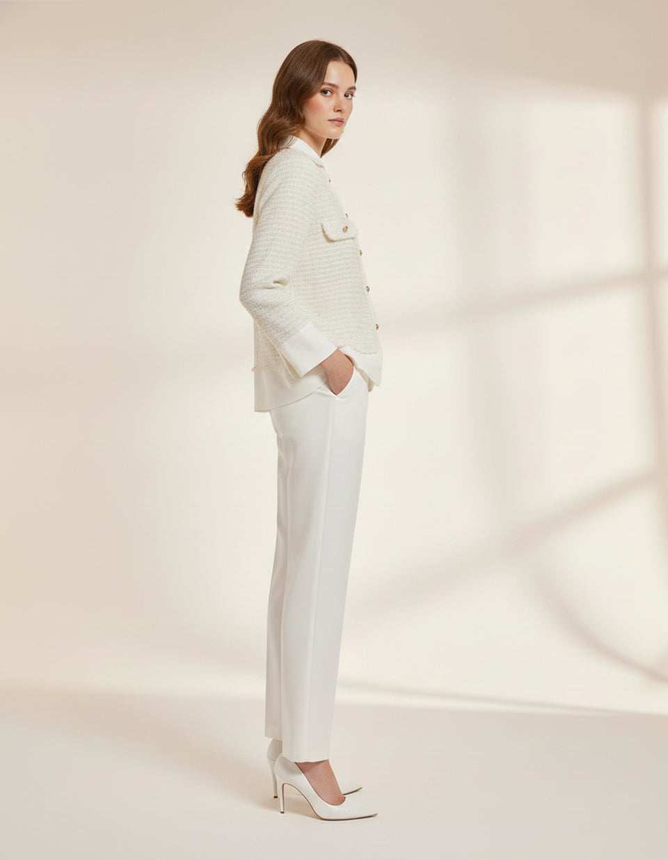 White crepe and tweed co-ord set