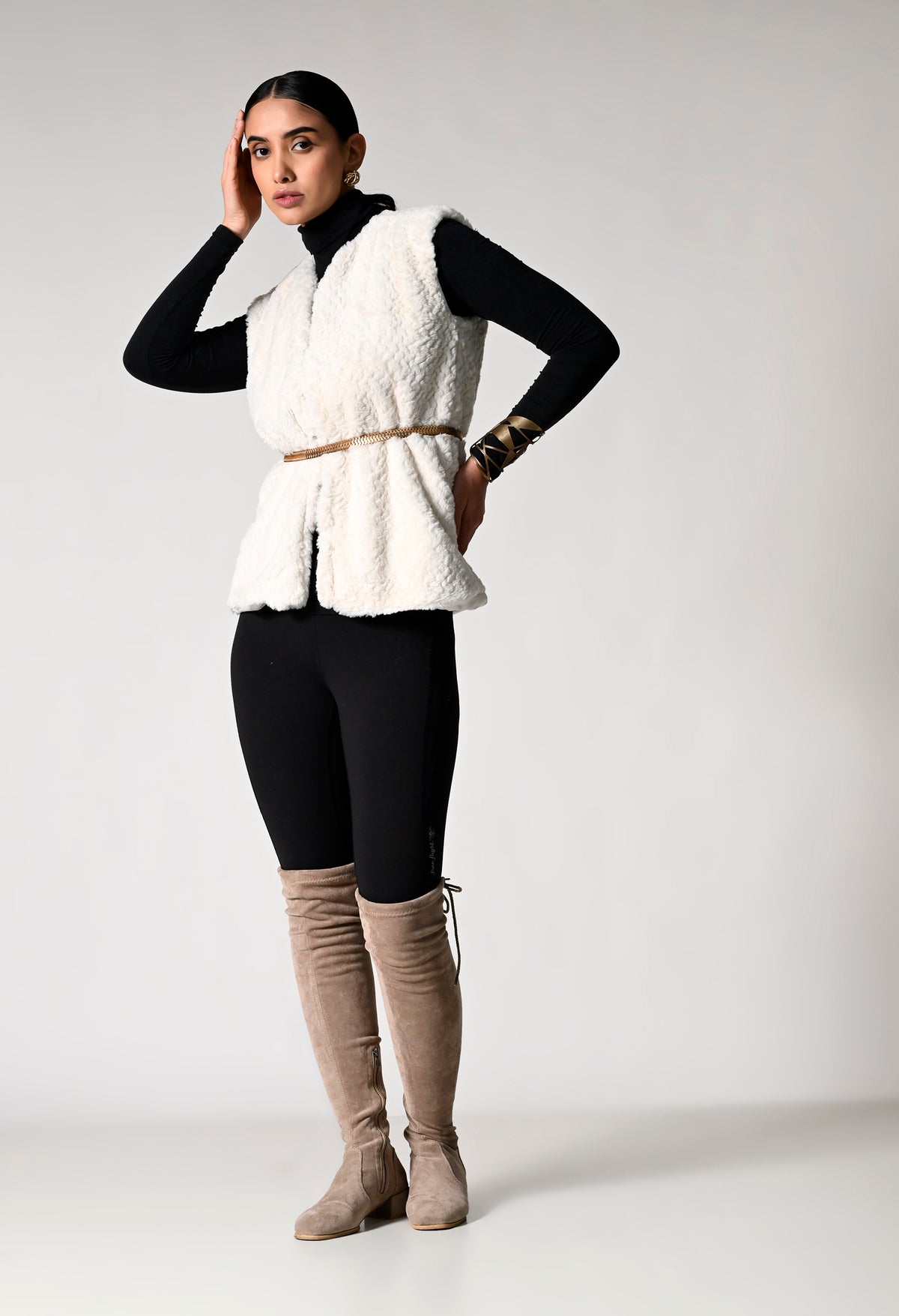 White Fur Jacket with Golden Belt
