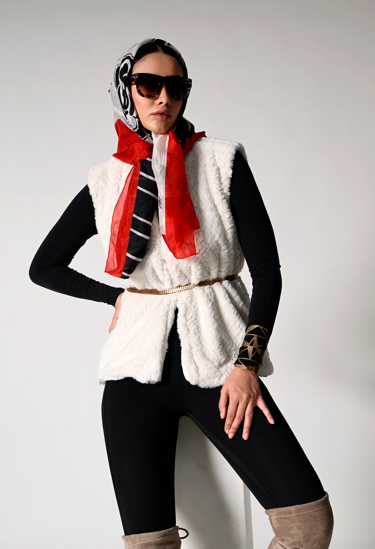 White Fur Jacket with Golden Belt