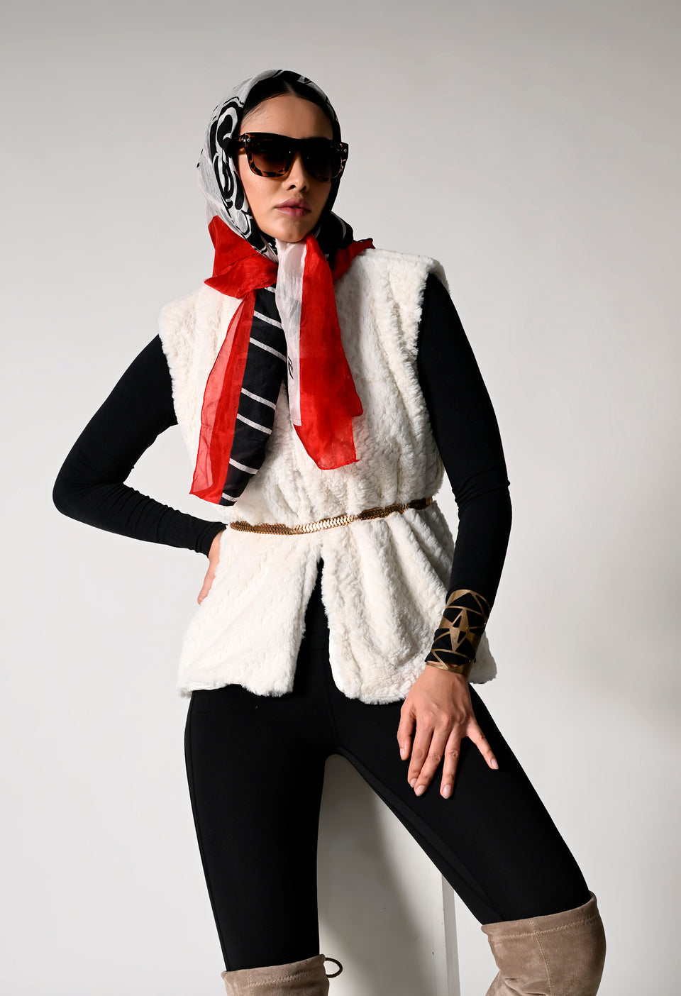 White Fur Jacket with Golden Belt