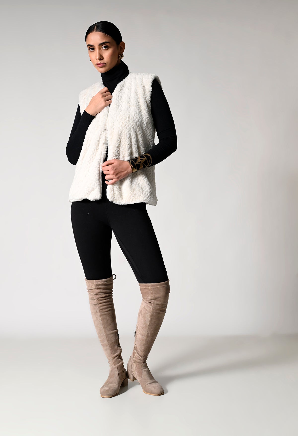 White Fur Jacket with Golden Belt